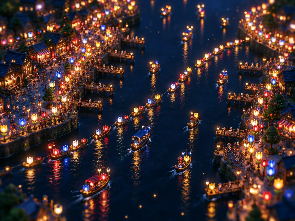 Festival lampu tulip Twinshore dari atas: kedua tepi selat dipenuhi lampu, perahu berlampu membentuk garis melengkung di air.